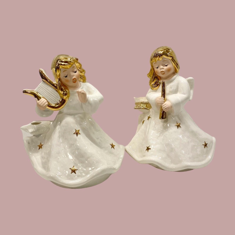 Vintage Goebel White and Gold Ceramic Christmas Candle Holders, Set of 2